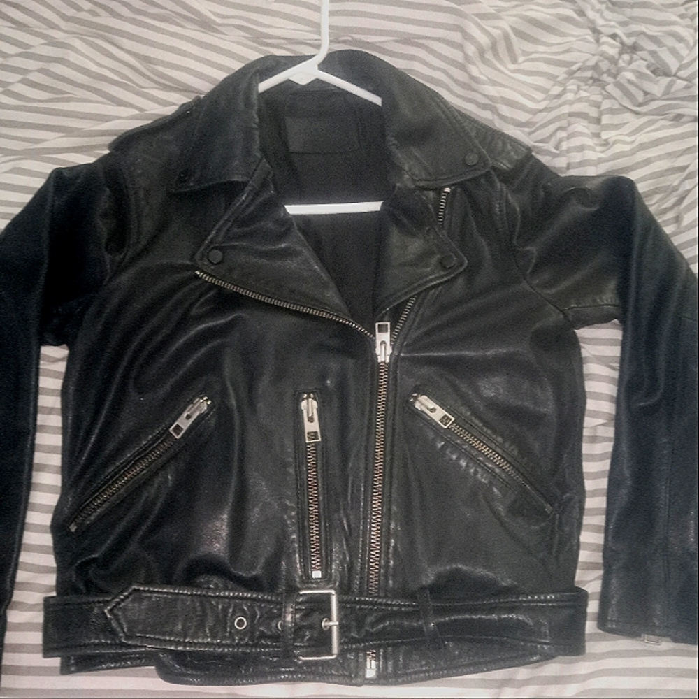 All Saints Balfern Belted Hem Leather Biker Jacket
